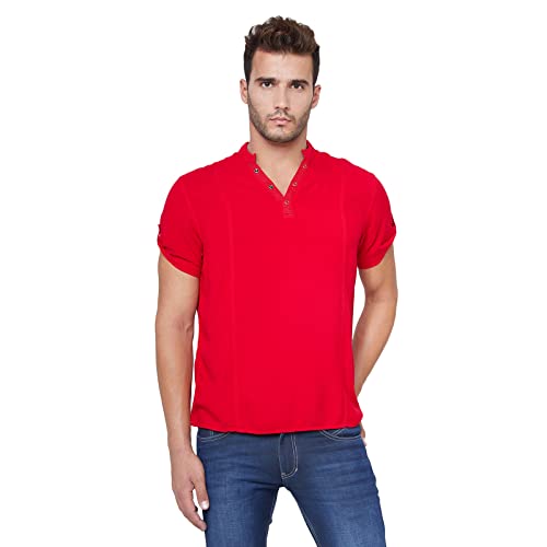 Image of Identiti Solid Half Placket Slim Fit 100% Viscose Casual Shirt /Kurta for Men Red