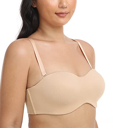 Haci Women's Unlined Strapless Bra For Plus Size Minimizer Seamless Underwire Large Bust Bandeau(Beige,42Dd) #TOP4