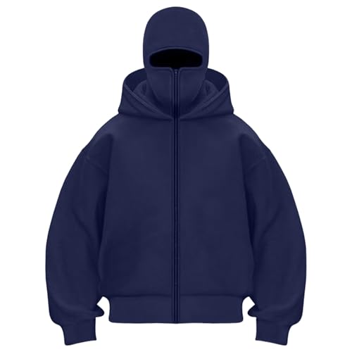 Shiestyzip Sudadera con capucha, pasamontañas, cremallera a la moda, doble capa, ropa de abrigo de hip hop, resistente a la sudadera, abrigo atlético cálido, azul, XXL
