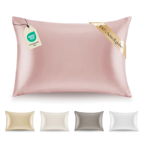 Dreamzie - Federa in seta - 100% seta 19 momme certificate Oeko-TEX® - Benefici capelli e pelle - Anti-invecchiamento, anti acaro, rosa chiaro, 50 x 70 cm
