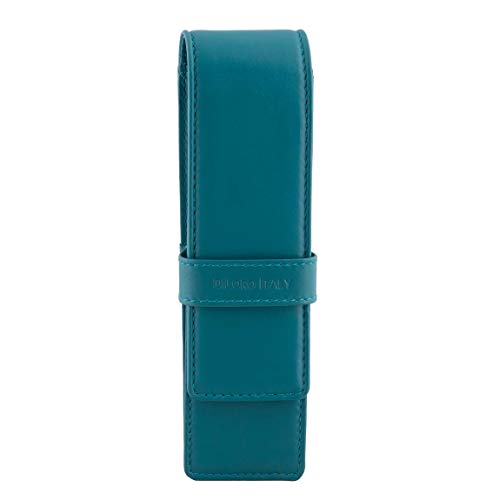 Image of DiLoro Leather Pen Case Pouch Holder for Two Fountain Ballpoint Rollerball Pens or Pencils (Turquoise Green)
