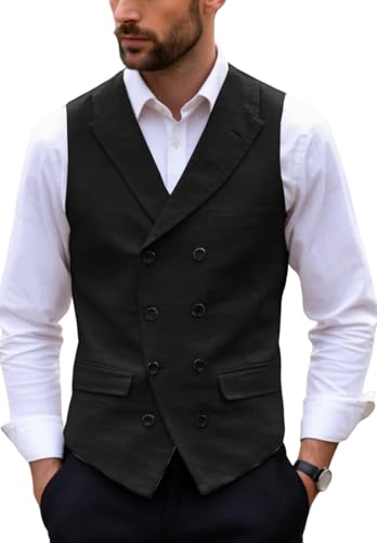 Men's Double Breasted Linen Suit Vest V-Neck Lightweight Slim Fit Waistcoat for Party3