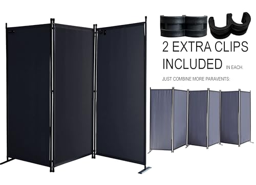 QUICK STAR Paravent 3 Teilig 170 x 165 cm Stoff Raumteiler Trennwand Balkon Sichtschutz Stellwand Faltbar Schwarz