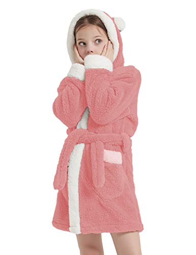 CASODA Girls Robe Homewear Kids Hooded Bathrobes Plush Sherpa Sleepwear- Gifts for Girls(11-12 Years, Pink)