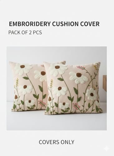 Image of CASA-NEST Linen Embroidery Cushion Cover, Size -16x16 inch, Pack of 2 pc, Decorative Sofa Cushion (Beige, 2)