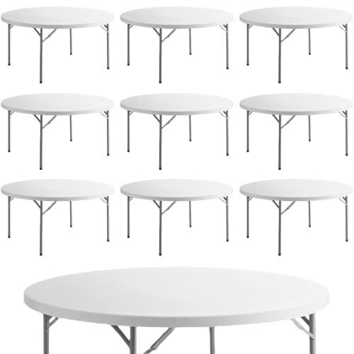 10 Pack! 5 Foot (60 in.) Round Heavy-Duty Granite White Plastic Folding Table, Party Table Folding Round Commercial Foldable Table Dining Table Plastic Table Foot Portable High Table Fold Up Table