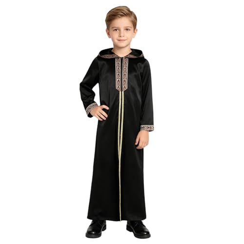 Thobe Arabe Garçons Robe Longue Vêtement de Prière Ramadan Noir