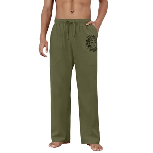 Image of Puimentiua Cotton Linen Pants Men, Summer Beach Pants Loose Fit with Elastic Waist Drawstring