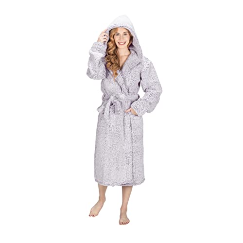 MONHOUSE Womens Bath Robe - Premium Super Soft & Cosy Long Bathrobe - Ladies Thick Flannel Luxury Housecoat - Shearling Spa Gown for Her - Dark Purple Shealing UK 8-10