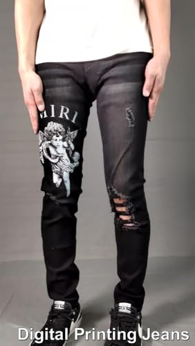 Men's Letter Angel Digital Printing Jeans Denim Cotton Black Pants Trousers 8173