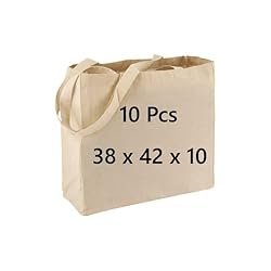 COTTON BAGS PACK OF 10 100% Cotton, 38 x 42 x10 secured long handle with double and cross stitch, Eco Friendly Shoppers, natural cotton shopping tote bags for groceries, Natural reusable shopping bag