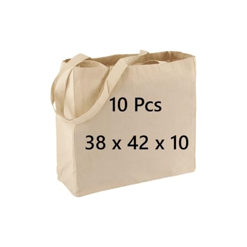 COTTON BAGS PACK OF 10 100% Cotton 38 x 42 x10 secured long handle with double and cross stitch Eco Friendly Shoppers natural cotton shopping tote bags for groceries Natural reusable shopping bag