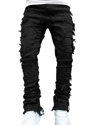 Ytfsrukp Mens Black Stacked Jeans Slim Fit Ripped Jeans Destroyed Straight Denim Pants Harajuku Hip Hop Trouser Streetwear2