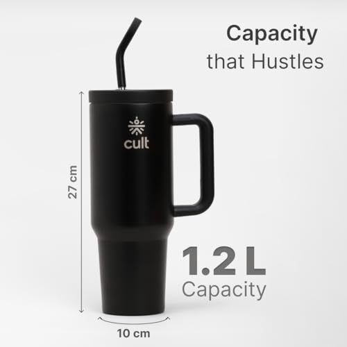 Image of Cult 1200ml Stainless Steel Insulated Tumbler with Handle, Straw & Cleaner Double Wall Vacuum Bottle for Hot & Cold Drinks Leakproof Travel Mug Reusable for Gym, Office & Travel Black