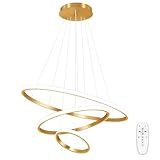 Luminária Pendente LED Moderna Dourada De 3 Anéis, Luminária De Teto Regulável Por Controle Remoto, Luminária Pendente De Embutir Redonda, 3000-6000K