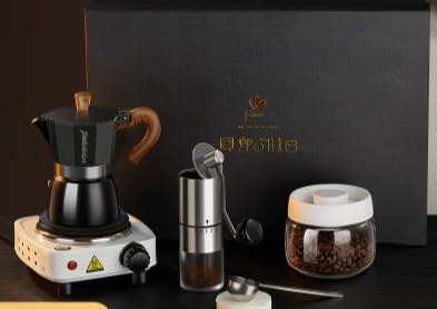 7-in-1 Moka Pot Espresso Set, Stovetop Coffee Maker with Hand Grinder Electric Stove Spoon Sealing Canister Italian Moka Pot Espresso Maker for Holiday Gifts Travel Family Gatherings (Black)