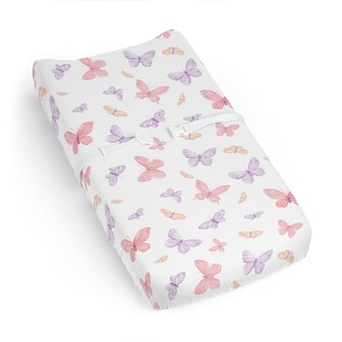 Image of Sweet Jojo Designs Pink and Purple Shabby Chic Butterfly Girl Baby Changing Pad Cover Sheet Infant Newborn Diaper Table Change Mat Cover Blush Yellow Lavender Colorful Pastel Lilac Watercolor Pattern