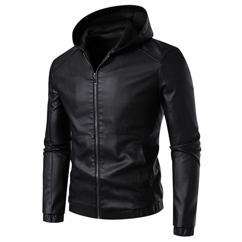 JEShifangjiusu Men Hooded Faux Leather Jacket Motorcycle Bomber Jackets Outerwear Waterproof Windproof PU Moto Vintage Coat2