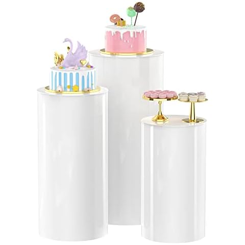 Putros Cylinder Pedestal Stands 3Pcs White Round Cylinder Pedestal Display Plinth Pillars for Wedding Party Decor 35.4''(L),29.5''(M),23.6''(S) Cover