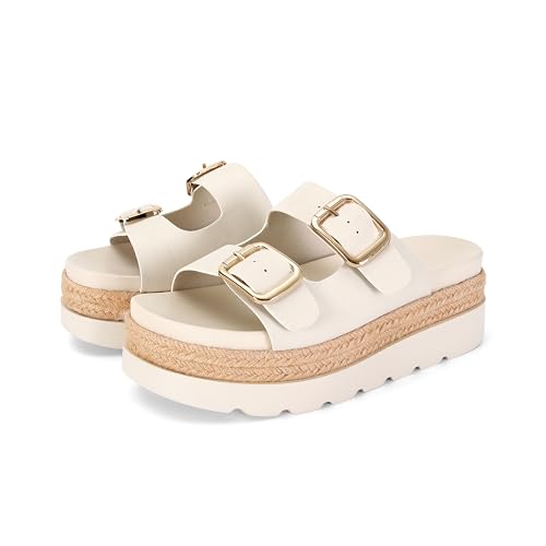 DOEYG Platform Wedges Sandals for Women Summer Beach Raffia Slide Sandals Comfortable Casual Woven Straw Crochet Open Toe Flatform Sandal with Buckle