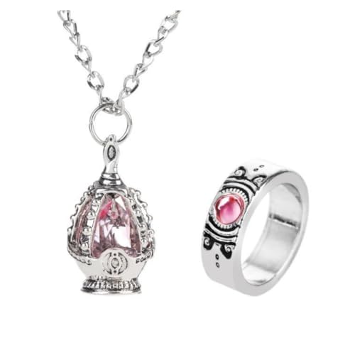 Ultimate Anime Cosplay Jewelry Set: 5 Soul Core Gem Necklaces with 5 Unique Tail Rings for Every Character! (pink)