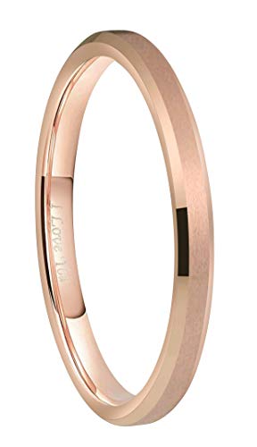CROWNAL 2mm 4mm 6mm 8mm Thin Black/Gunmetal/Silver/Rose Gold Tungsten Wedding Couple Bands Rings Women Matte Brushed Finish Engraved I Love You Size 4 to 10 (2mm Rosegold,8)
