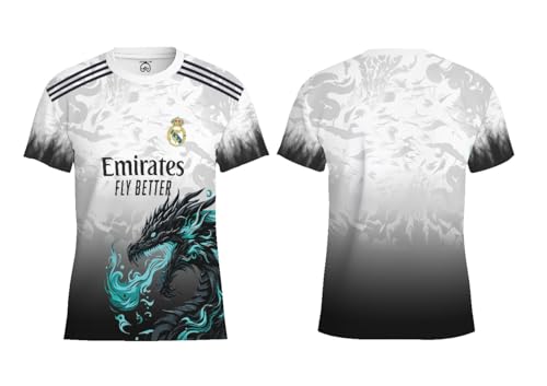 Image of Real Madrid Dragon Jersey, White and Black Gradient, Turquoise Dragon Design, Football Club Crest
