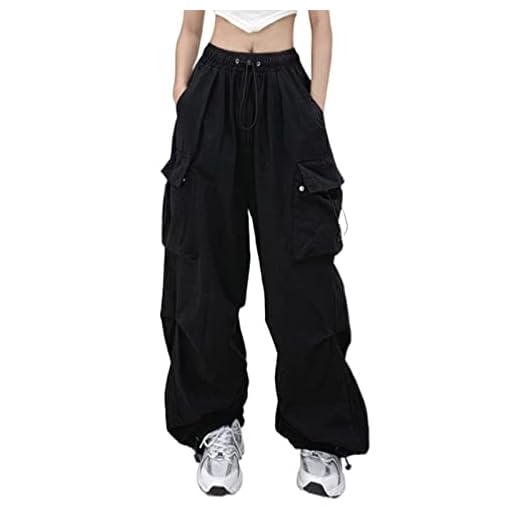 riou Pantalones Cargo Mujer Hip Hop Moda Retro Pantalones de Pierna Ancha Pantalón de Trabajo Elástico Suelto Multibolsillos Pantalón Largo Casuales Comodos Pantalones Deportivos Talla Grande