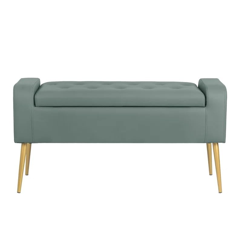 Image of Upholstered Ottoman Bench with Gold Metal Legs for Bedroom & Living Room | 2 Seater Tufted Entryway Bench Sofa with Storage Look | Modern End of Bed Seating Bench, Compact Footrest Stool, Sage Green