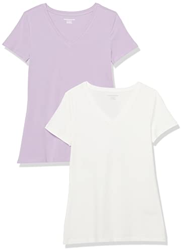 Amazon Essentials Women's Regular-Fit Short-Sleeve T-Shirt (Crewneck and V-Neck Options), Pack of 2, Pastel Lilac/White, Medium