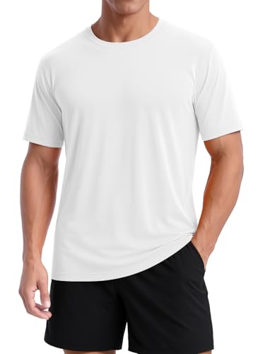 SMENG White T Shirt Men Short Sleeve Round Neck Tee Tops Running Hiking Breathable Wicking Dry Fit Tshirt Mens White M