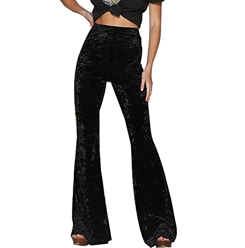 Women's Flare Velvet Pants High Elastic Waist Velour Bell Bottom Bootcut Yoga Pants Tummy Control Workout Trouser (YH-Black, Small)