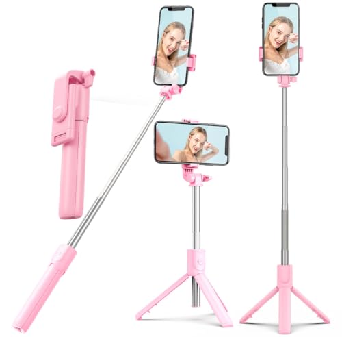 Perche à Selfie avec trépied et télécommande sans Fil, Compatible avec téléphones, Diffusion en Direct et Photographie (Rose)