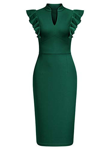 Image of Knitee Women's Vintage Ruffle Sleeve V-Neck Bodycon Evening Party Cocktail Pencil Sheath Dress