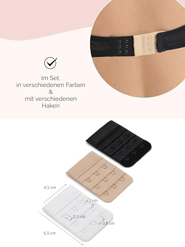 Herzmutter BH-Verlängerung - OekoTex 100 - BH-Extension im Set - Beige-Schwarz-Weiß - 2er/3er-Haken - BH-Verlängerer - Gewichtszunahme-Schwangerschaft-Stillzeit - 9000 (3er Haken|3er-Pack)