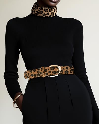 Women’s Leopard Print Leather Belts for Women, Cheetah Print Belt with Gold Buckle, Width 1.46"3