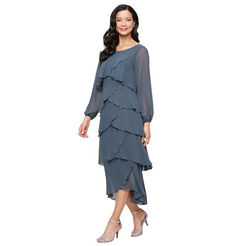 Image of S.L. Fashions Women's Short Tulip Sleeve Tiered Chiffon Cocktail Dress, Wedding Guest Gown (Petite and Regular Sizes)