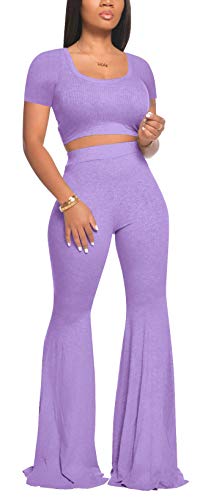 Sexy Two Piece Outfits for Women Workout Sets Crop Tops and Pants Set Jumpsuits Purple