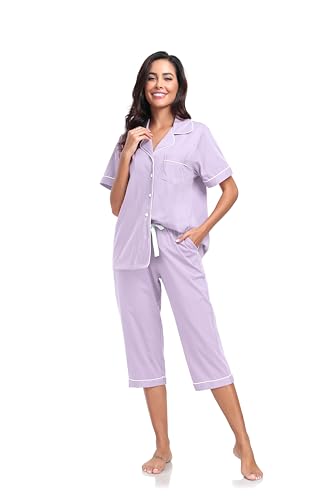 Image of COLORFULLEAF 100% Cotton Capri Pajama for Women Set Summer Short Sleeve Pj Sets for Women Cotton Sleepwear