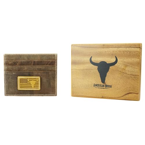 American Bison Men’s Leather Credit Card Holder – Embossed Bison Skull & American Flag Slim Wallet with ID Window, 3 Card Slots, Slide Pocket – Wooden Gift Box (Brown)4