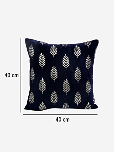 Image of Decoghar Blue Handmade Sofa Cushion Covers | Golden Zari Leaf Embroidered Square Throw Pillow Cover | 16 X 16 Inch | Pack of 3