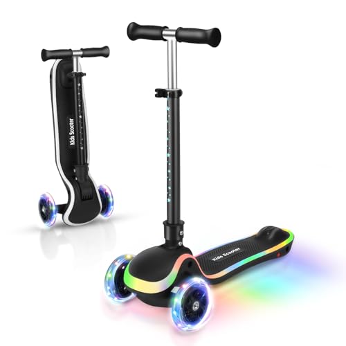 AODI Patinete Infantil Plegable, Patinete de 3 Ruedas, Ruedas y Tablero Iluminados con LED, Manija Ajustable en 4 Niveles, Dirección por Inclinación para Niños y Niñas de 3-10 Años