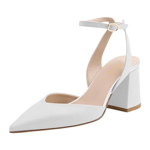 FOWT Women V Cut Pointed Toe Pumps Ankle Strap Chunky Mid Heels Backless Wedding Prom Shoes Size 4-16 US