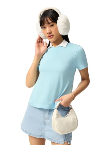 Image of The Souled Store Casual Classics: Women and Girls Short Sleeves Spread Collar Solid Cotton Regular Fit Breathable Lightweight Trendy Everyday T-Shirt