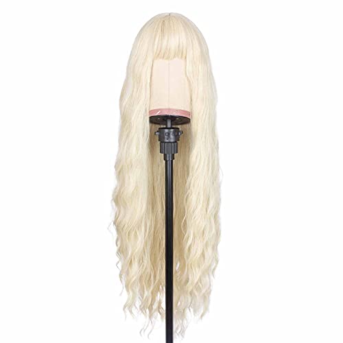 WeKen Blonde Wig with Bangs Long Blonde Curly Wig for Women Realistic Wig for Daily Party Halloween Costume Cosplay Heat Resistant Synthetic Blond Wig 28 Inch