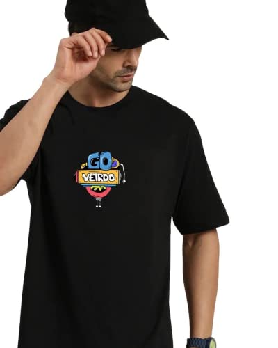 Image of Veirdo Pure Cotton Oversized Loose Baggy Fit Round Neck & Half Sleeve Cool & Aesthetic Back Doodle Graphic Printed Black T-Shirt for Men (Available in S to 2XL)