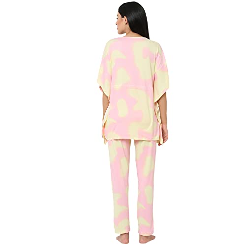 Image of Sweet Dreams Women Tie & Dye V-Neck Flared Sleeve Poly Brush Kaftaan & Pyjama Set