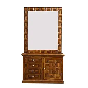 Craftswood Modern and Unqiue Contemporary Sheesham Wood Mirror Dressing Table with Drawer for Bedroom Home Furniture, Teak Finish