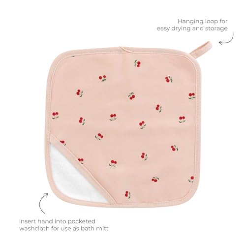 Image of Ely's & Co. Baby Hooded Towel and Wash Cloth Set, Thick Absorbent 100% Cotton Terry, for Newborn Baby Girl, Bath Towel 35 inchx35 inch with Pocketed Wash Cloth 10 inchx10 inch (Red Cherry Collection)