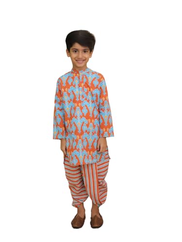Image of The Mom Store Baby /Kids Boys Dhoti Kurta Set | Dhoti and Kurta | 100% Cotton | Comfortable | Ethnic | Festive Look | Block Prints | Colored Dhoti | Blue